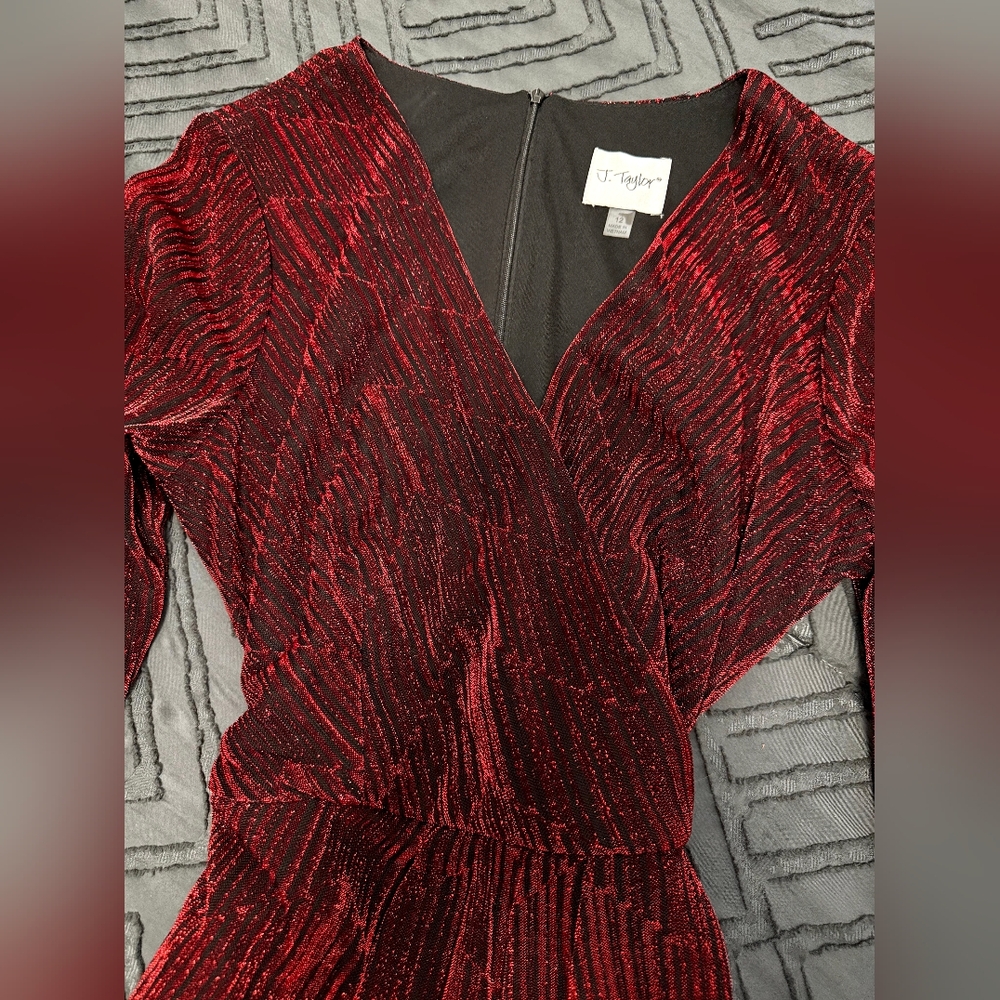 J Taylor Shimmering Red Long Sleeve Dress